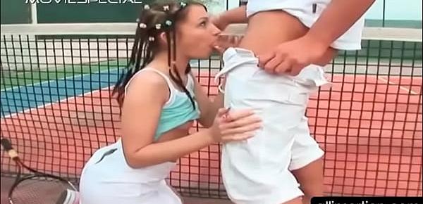  Tramp eating shaft gets ass fingered on tennis field